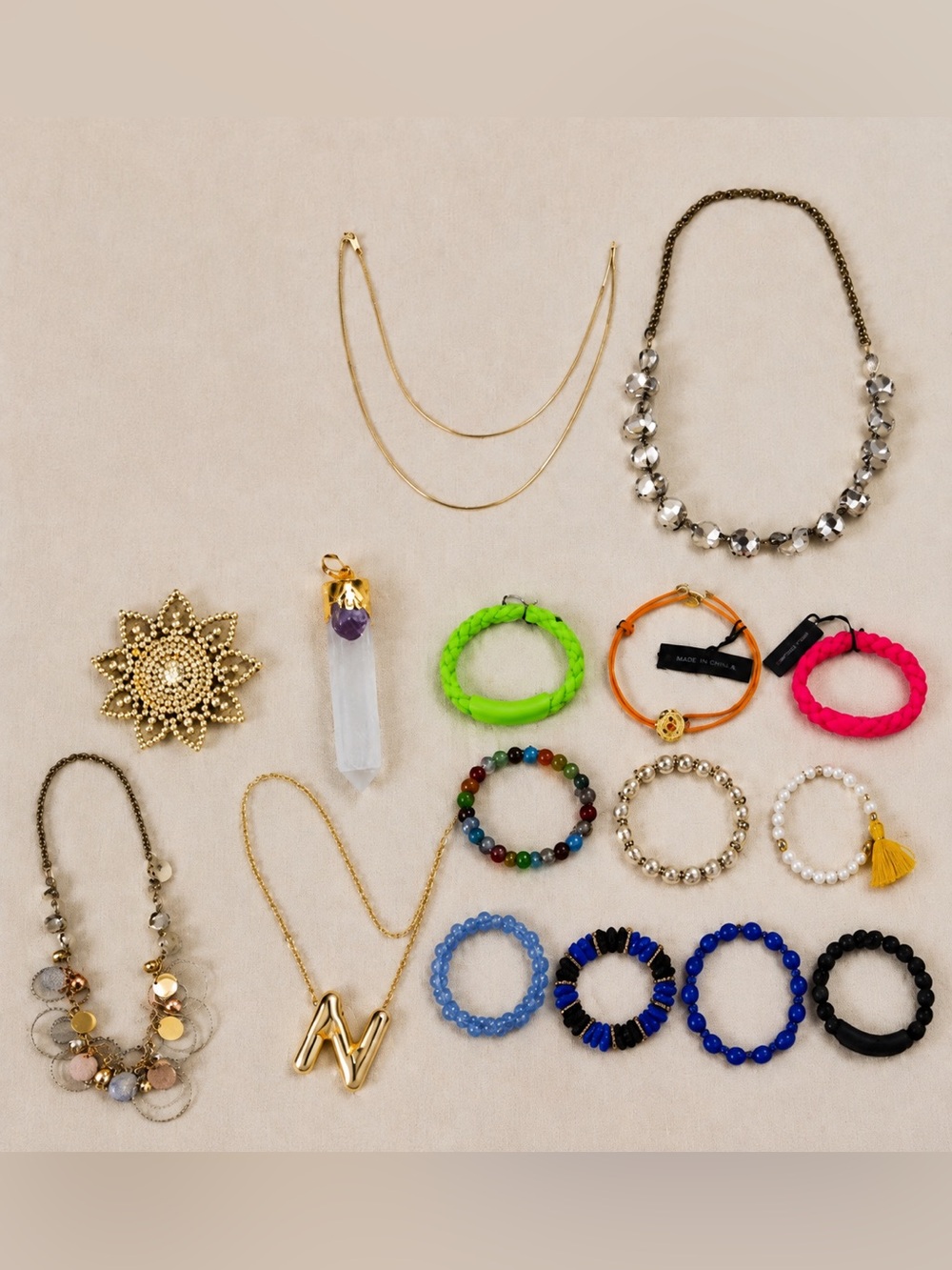 ✨ Jewelry Bundle Lot | 4 Necklaces, 10 Bracelets, Hair Clip & Crystal Pendant